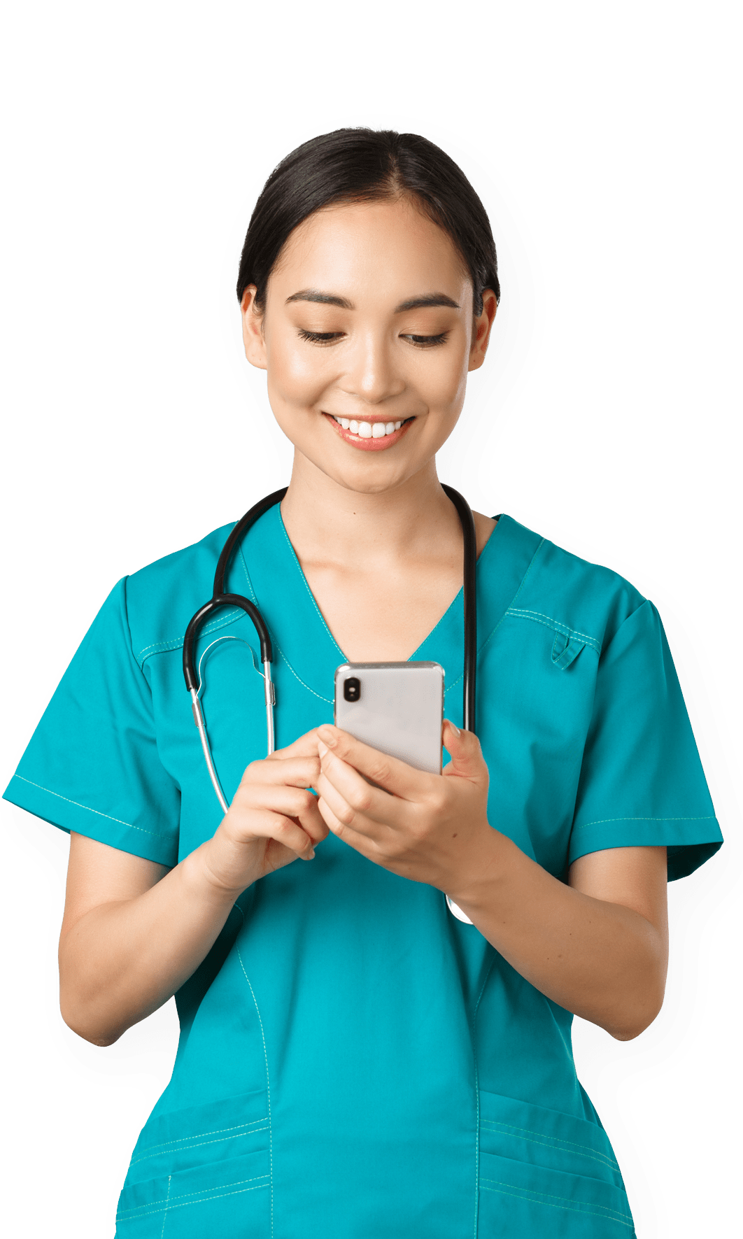 A female nurse holding her phone enjoying using the Everyday app. 