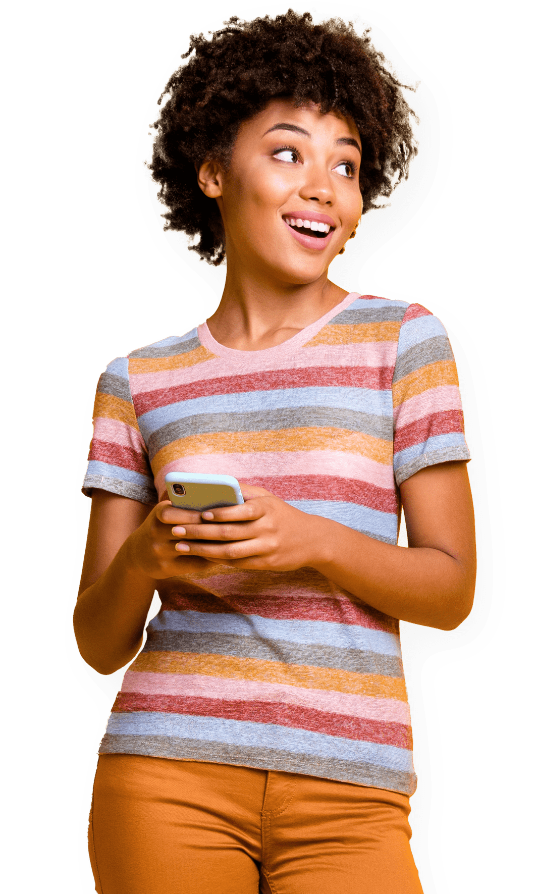 A smiling woman holding her phone while using the Everyday app. 