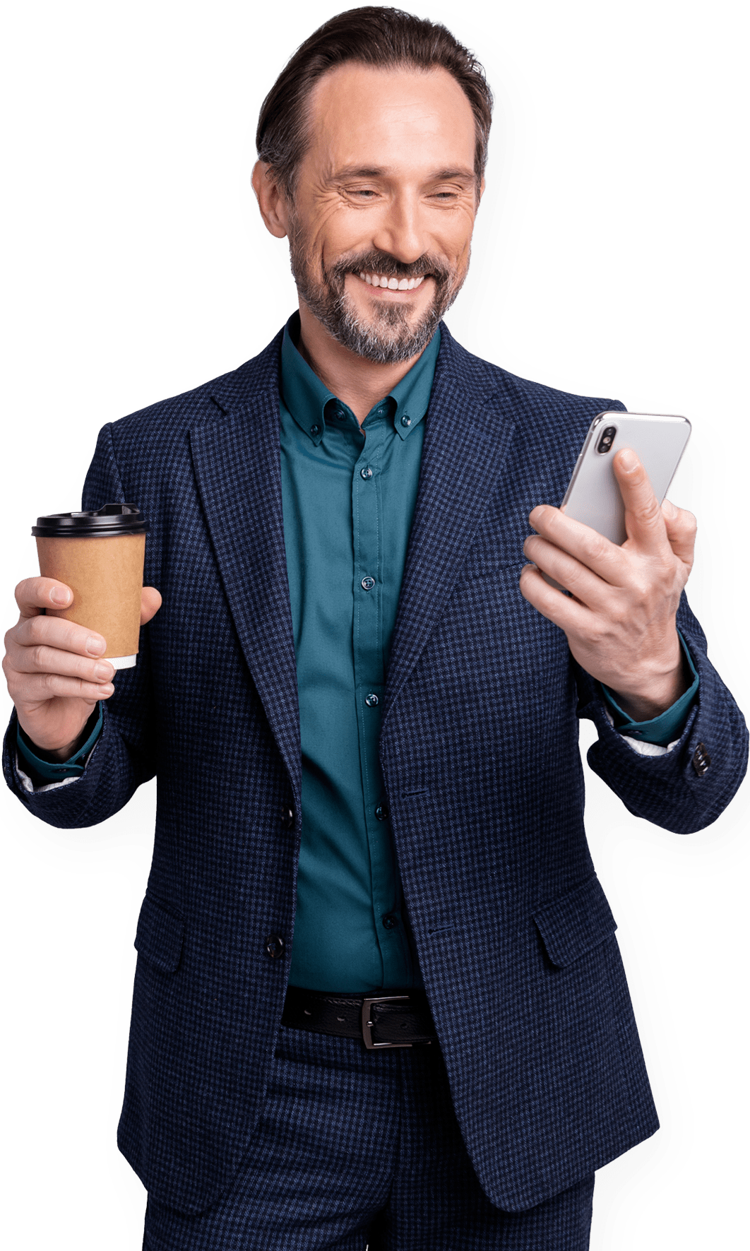 A joyful man holding his phone and a cup of coffee that he ordered using the Everyday app. 